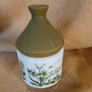 Vintage Shaw's Pure Honey Green and White Milk Glass Decorative Jar
